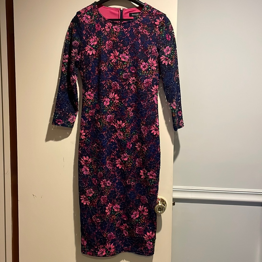 Navy Blue and hot pink laser cut out floral long sleeve dress